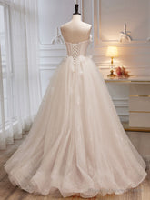 A-Line Tulle Flower Light Champagne Long Prom Dresses, Shiny Formal Dresses